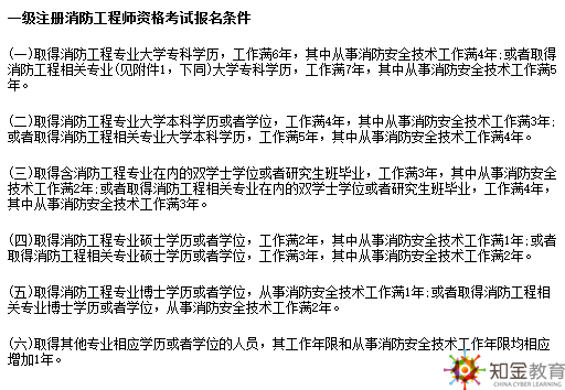 一級注冊消防工程師資格考試報名條件： [4]  （一）取得消防工程專業大學專科學歷，工作滿6年，其中從事消防安全技術工作滿4年；或者取得消防工程相關專業（見附件1，下同）大學專科學歷，工作滿7年，其中從事消防安全技術工作滿5年。 （二）取得消防工程專業大學本科學歷或者學位，工作滿4年，其中從事消防安全技術工作滿3年；或者取得消防工程相關專業大學本科學歷，工作滿5年，其中從事消防安全技術工作滿4年。 （三）取得含消防工程專業在內的雙學士學位或者研究生班畢業，工作滿3年，其中從事消防安全技術工作滿2年；或者取得消防工程相關專業在內的雙學士學位或者研究生班畢業，工作滿4年，其中從事消防安全技術工作滿3年。 （四）取得消防工程專業碩士學歷或者學位，工作滿2年，其中從事消防安全技術工作滿1年；或者取得消防工程相關專業碩士學歷或者學位，工作滿3年，其中從事消防安全技術工作滿2年。 （五）取得消防工程專業博士學歷或者學位，從事消防安全技術工作滿1年；或者取得消防工程相關專業博士學歷或者學位，從事消防安全技術工作滿2年。 （六）取得其他專業相應學歷或者學位的人員，其工作年限和從事消防安全技術工作年限均相應增加1年。